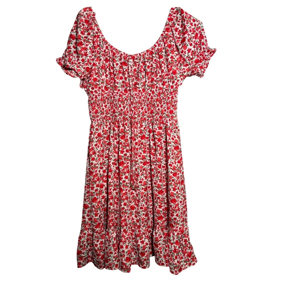FAR Floral Cottagecore Smocked Mini Dress Short Puff Sleeve Ruffle Hem Womens M
